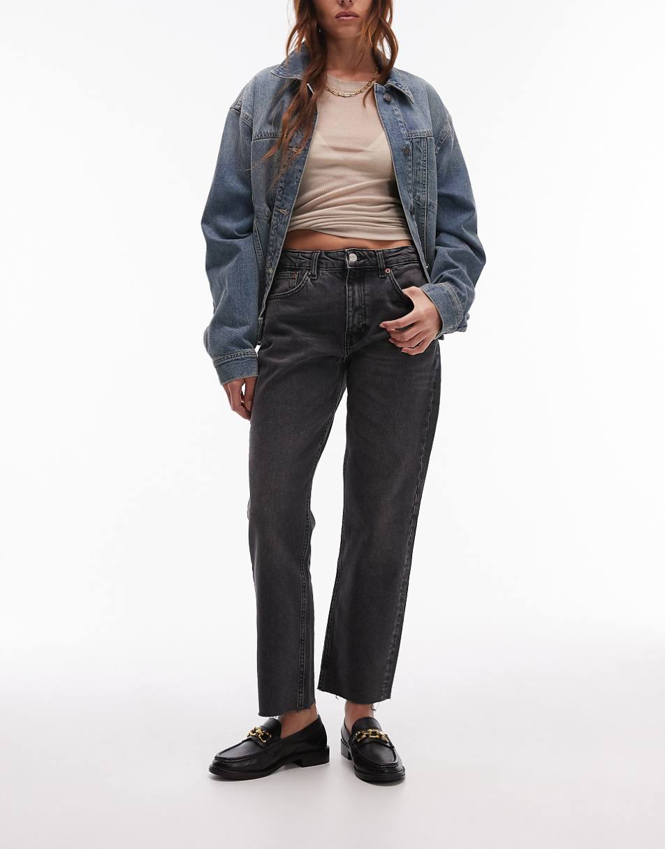 Topshop cropped mid rise straight jeans with raw hems in washed black