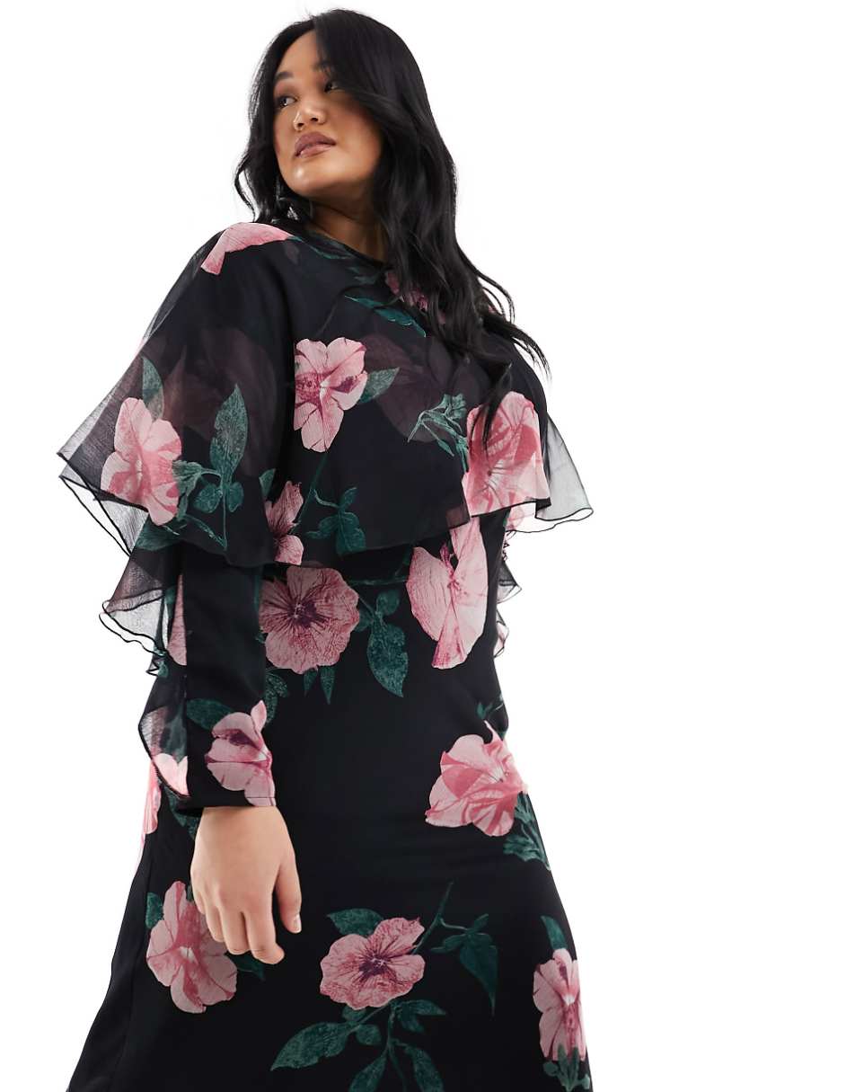 ASOS DESIGN Curve long sleeve ruffle bias maxi dress with cape detail in black floral print