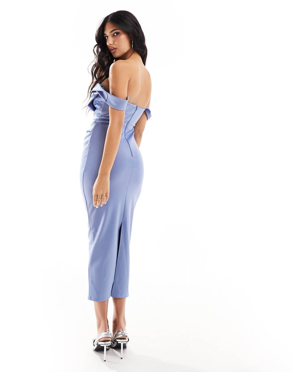 ASOS DESIGN square neck pleat bust midi pencil dress in blue