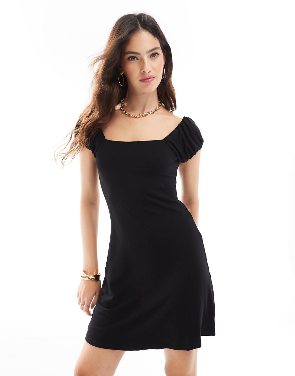 ASOS DESIGN puff sleeve square neck mini dress in black