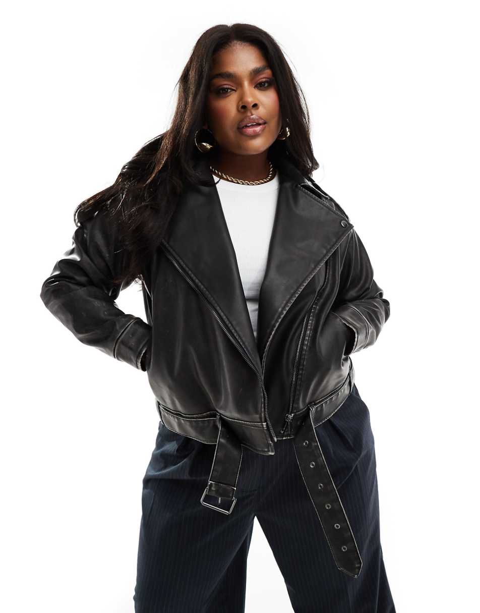 Yours PU biker jacket in charcoal