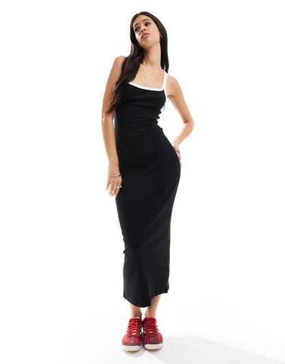 ASOS DESIGN ribbed strappy square neck midaxi dress in black with white contrast binding