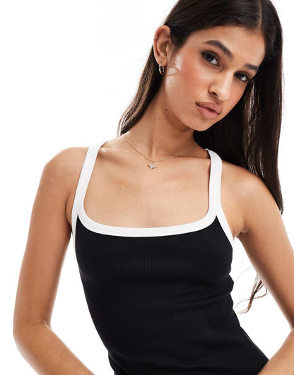 ASOS DESIGN ribbed strappy square neck midaxi dress in black with white contrast binding