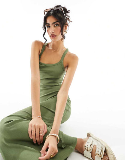 ASOS DESIGN ribbed strappy square neck midaxi dress in khaki