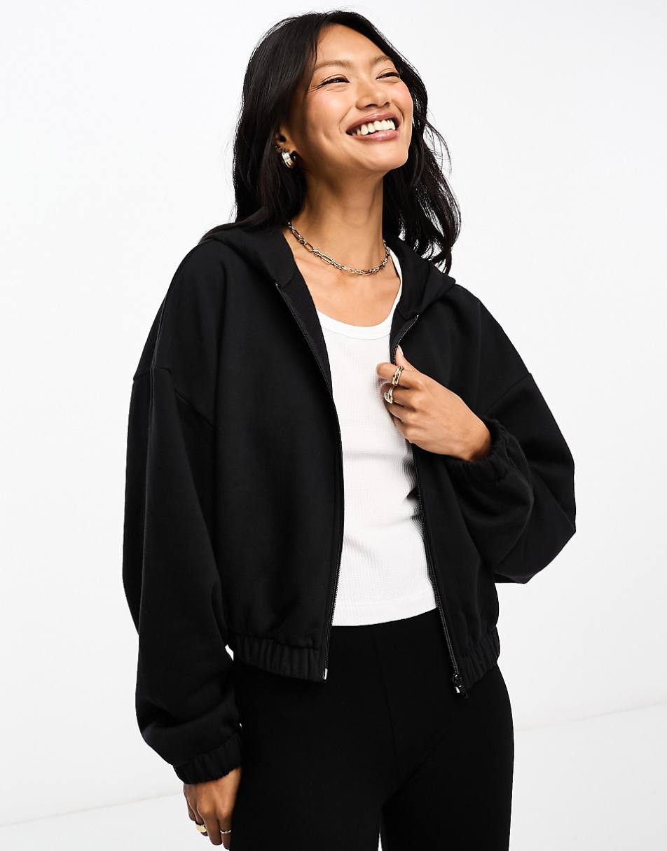 ASOS DESIGN oversized zip through crop hoodie in black