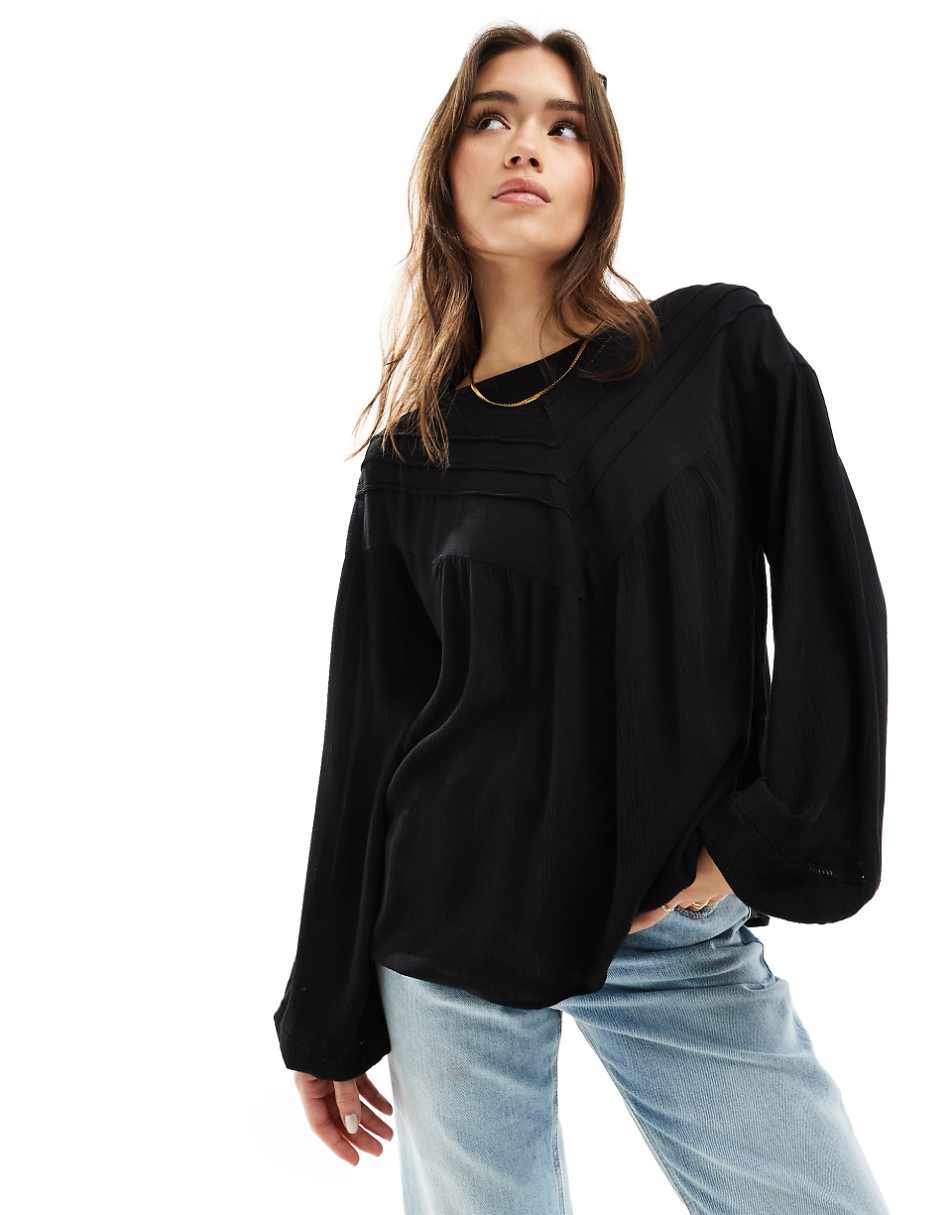 Vila ladder and chevron detail blouse in black