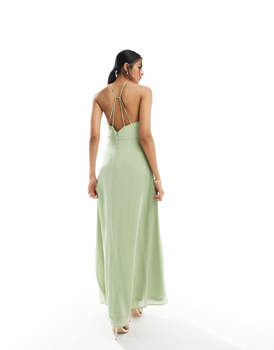 Vila Bridesmaid halterneck strappy cross back maxi dress in sage green