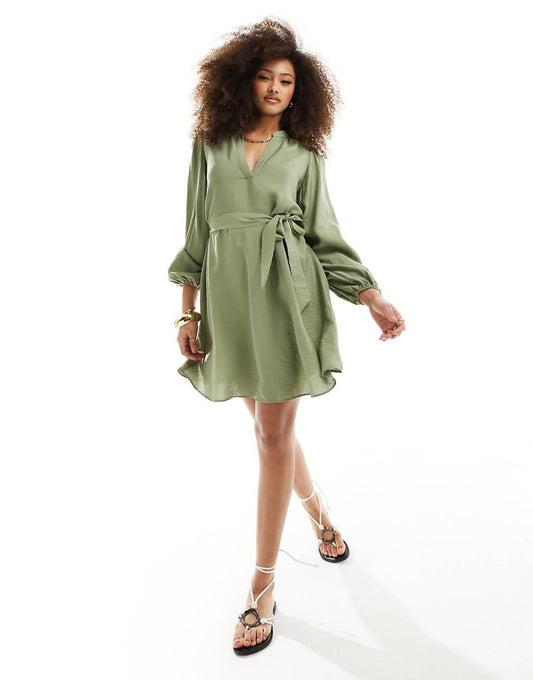 Vila v neck tie waist mini dress in green