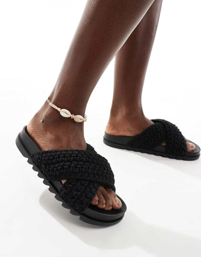 Glamorous cross strap crochet slides in black