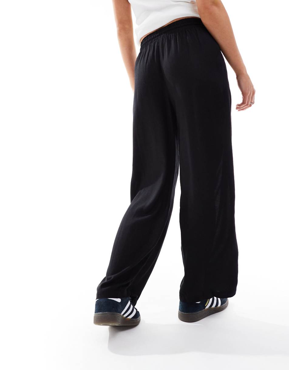 Vila Petite linen mix tie waist wide leg pants in black