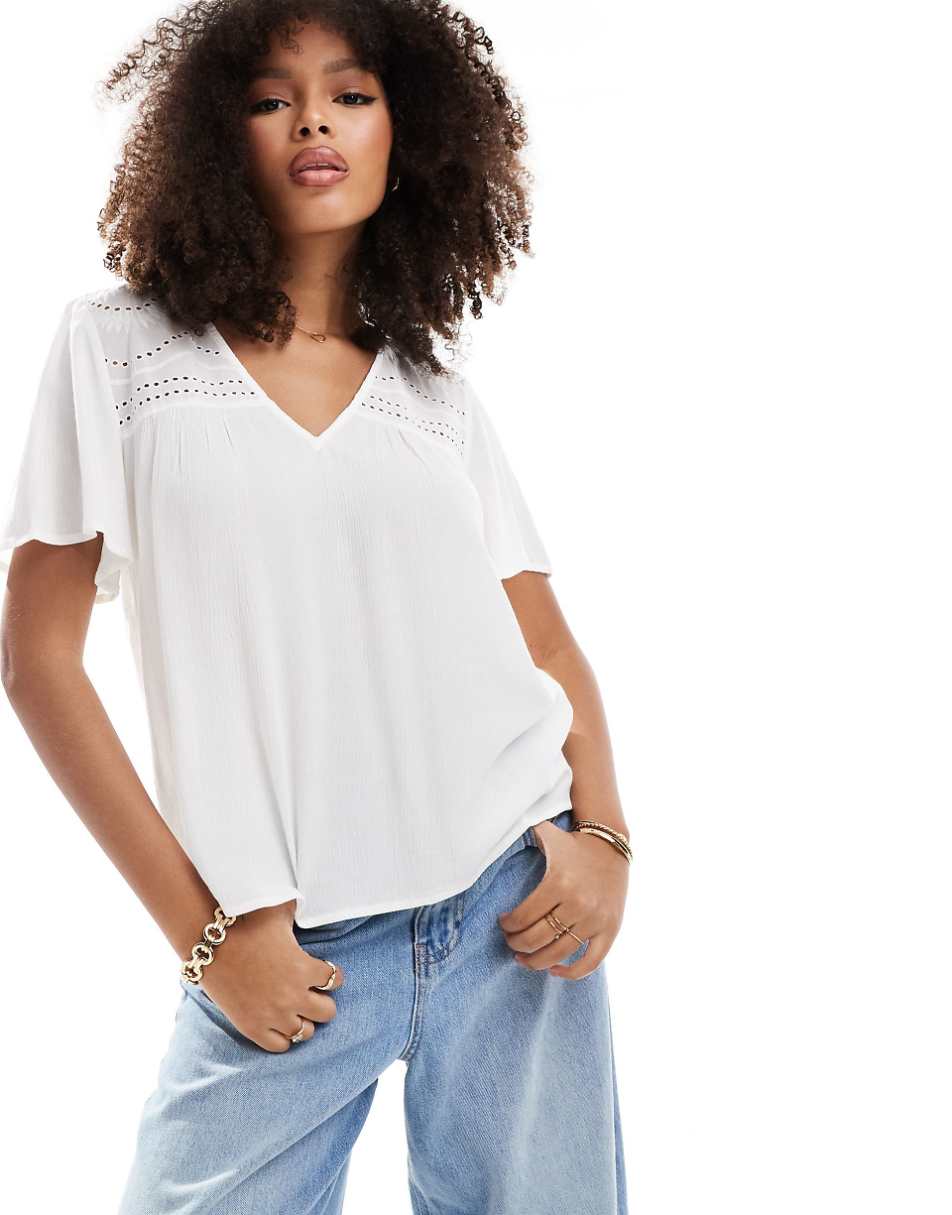 Vila eyelet detail top with v neck in cream