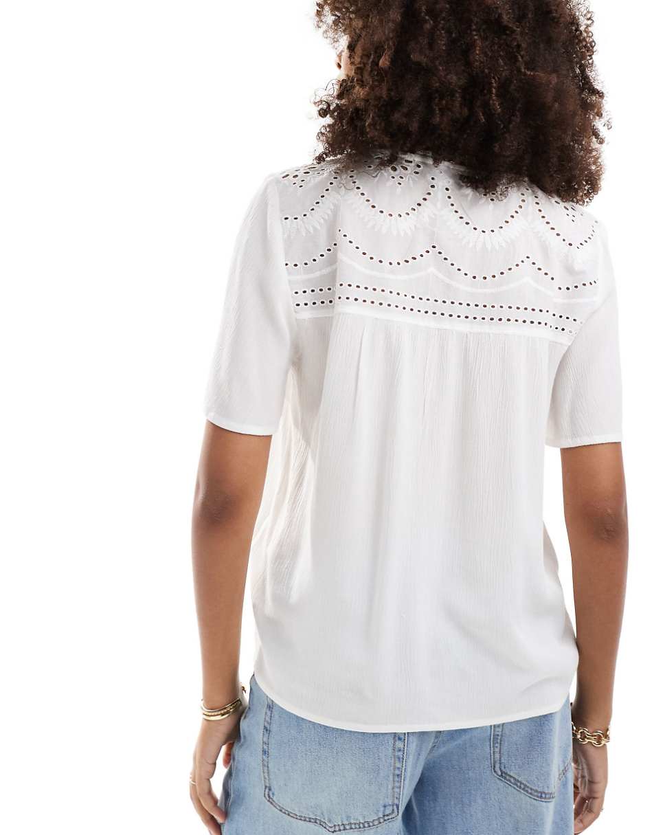 Vila eyelet detail top with v neck in cream