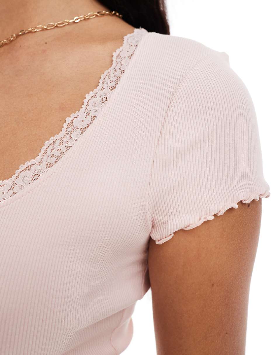 Miss Selfridge short sleeve pointelle scoop neck tee with lace trim detail in light pink