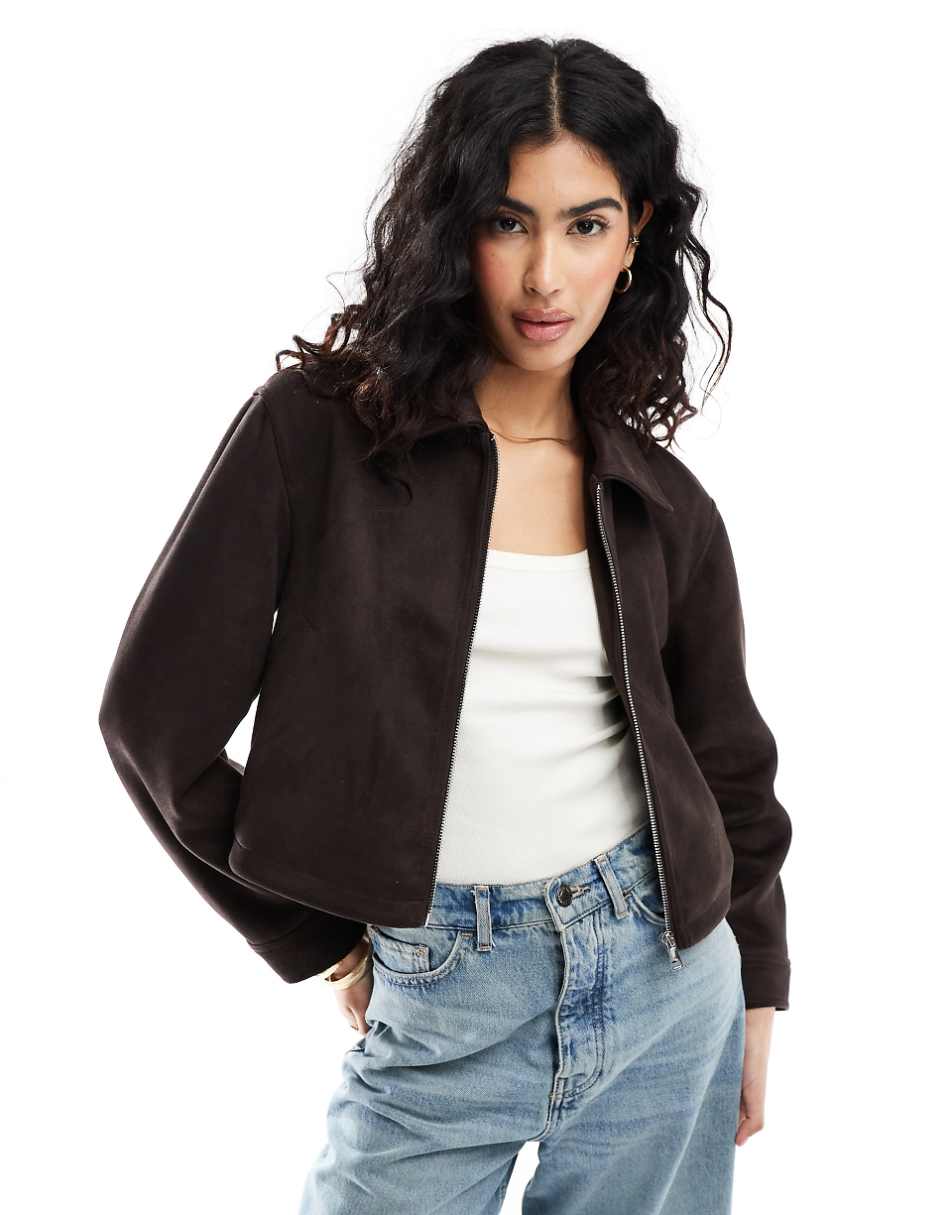 ASOS DESIGN suedette top collar jacket in chocolate