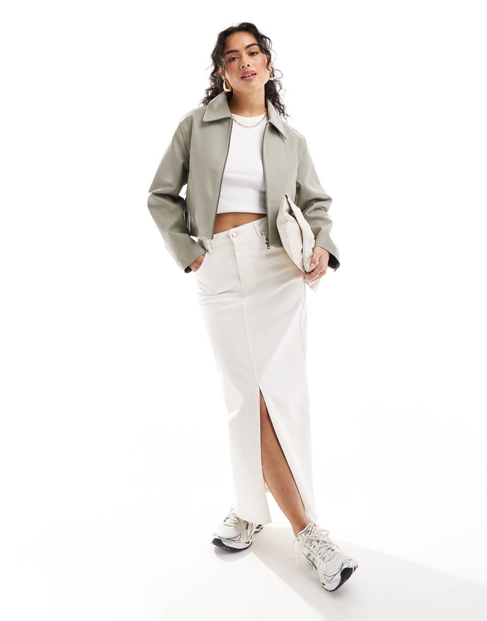 ASOS DESIGN leather look top collar jacket in sage