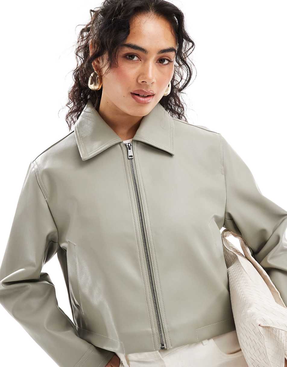 ASOS DESIGN leather look top collar jacket in sage