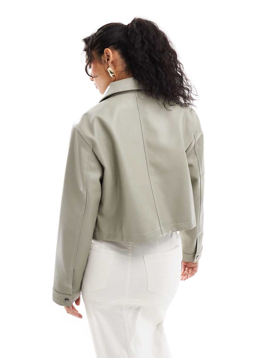 ASOS DESIGN leather look top collar jacket in sage