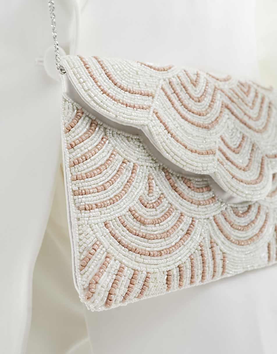 True Decadence embellished patterned envelope clutch bag in pink and cream