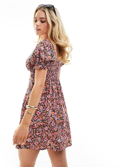 Miss Selfridge Petite tie front mini tea dress in multicolor ditsy