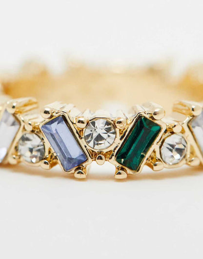 ASOS DESIGN ring with crystal baguette design in tonal blue and green design