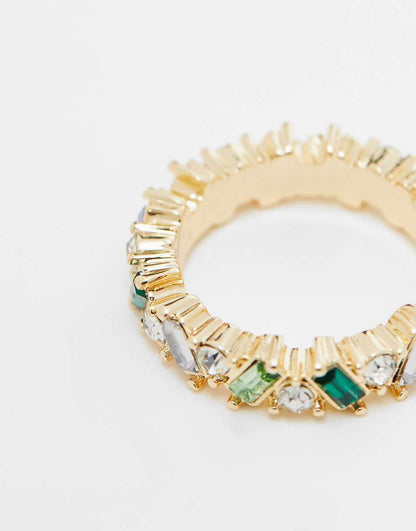 ASOS DESIGN ring with crystal baguette design in tonal blue and green design