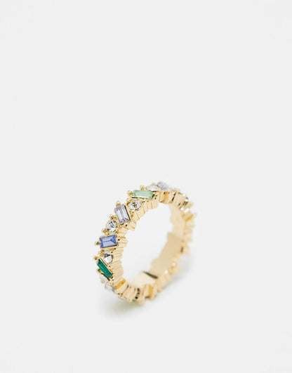ASOS DESIGN ring with crystal baguette design in tonal blue and green design