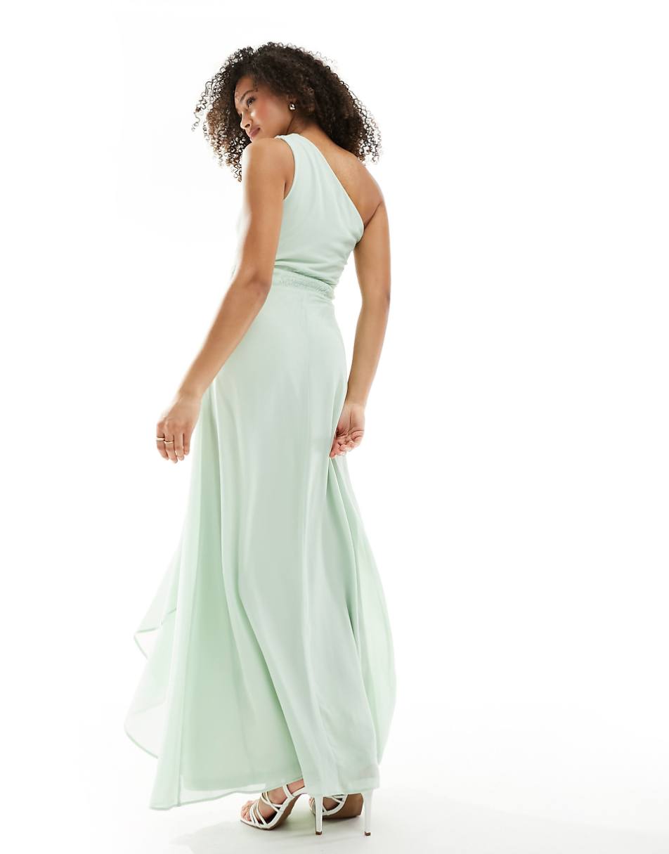 TFNC Bridesmaid chiffon one shoulder drape maxi dress in fresh mint