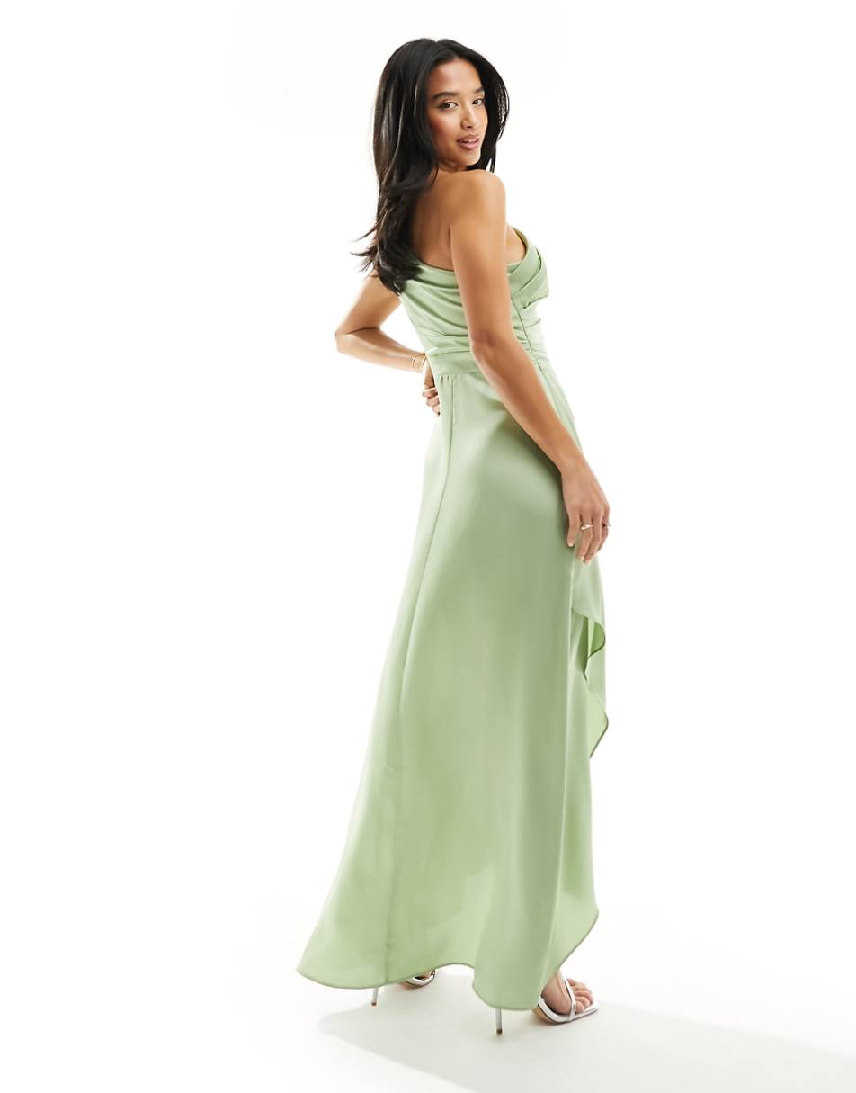 TFNC Petite Bridesmaid Satin one shoulder maxi dress with wrap skirt in sage