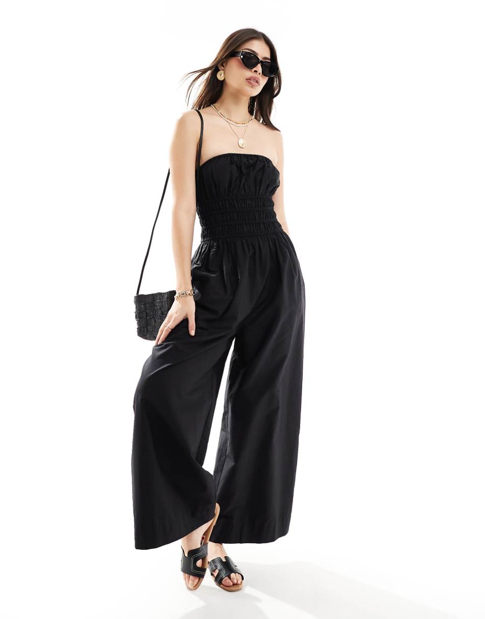 ASOS DESIGN shirred bodice wide leg jumpsuit in black