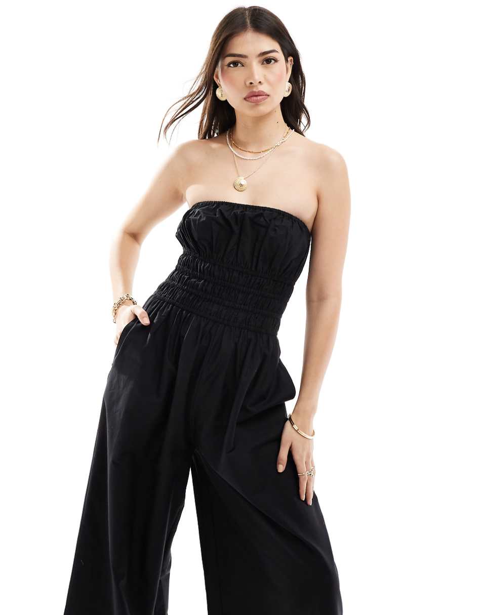 ASOS DESIGN shirred bodice wide leg jumpsuit in black