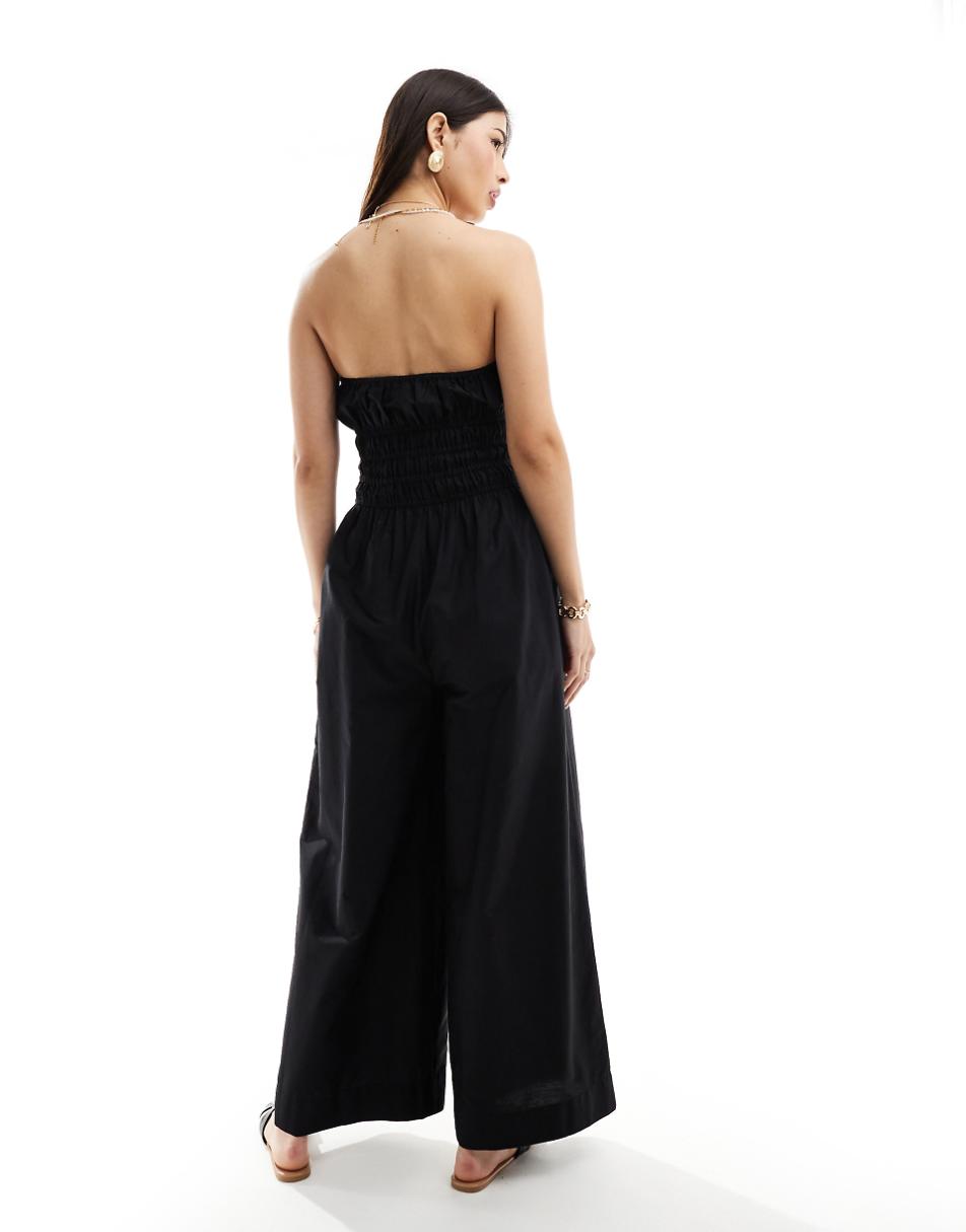 ASOS DESIGN shirred bodice wide leg jumpsuit in black