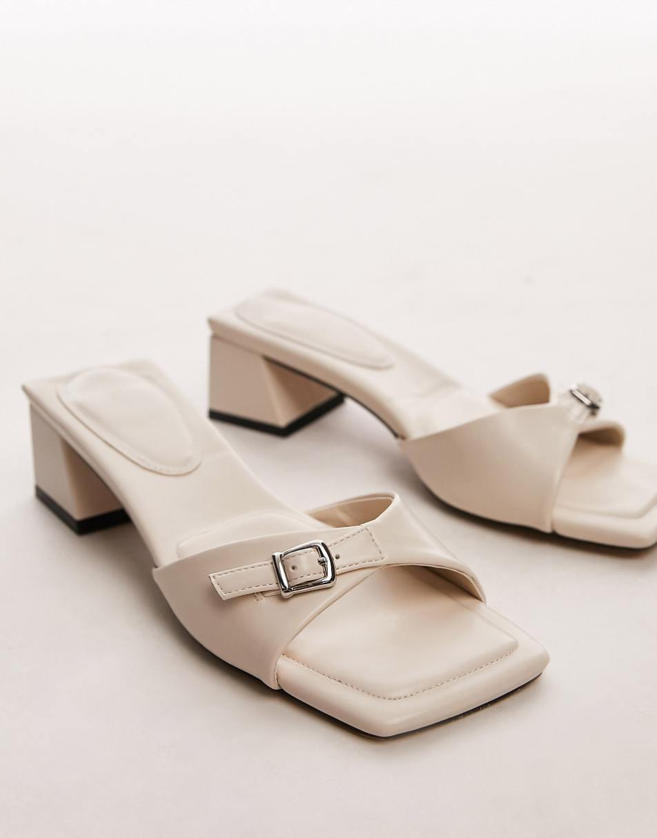 Topshop Isha mid block heel mule with buckle in off white