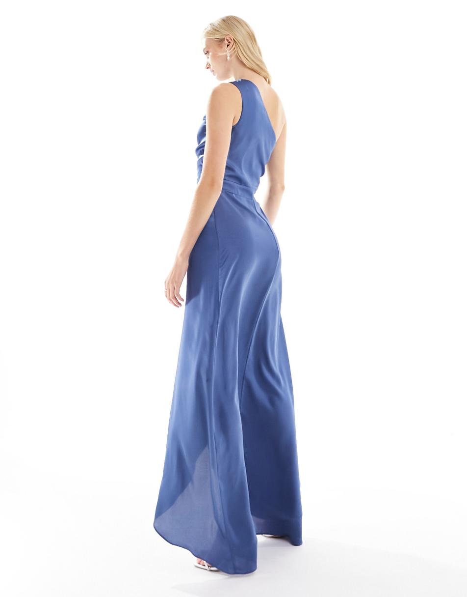 TFNC Tall Bridesmaid Satin one shoulder maxi dress with wrap skirt in aster blue