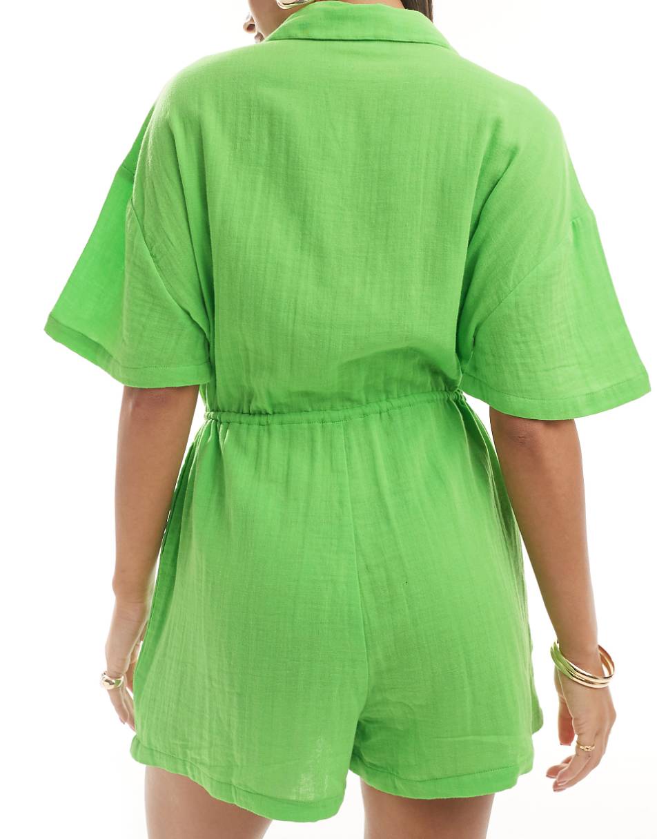 ASOS DESIGN beach double gauze oversized shirt romper in green