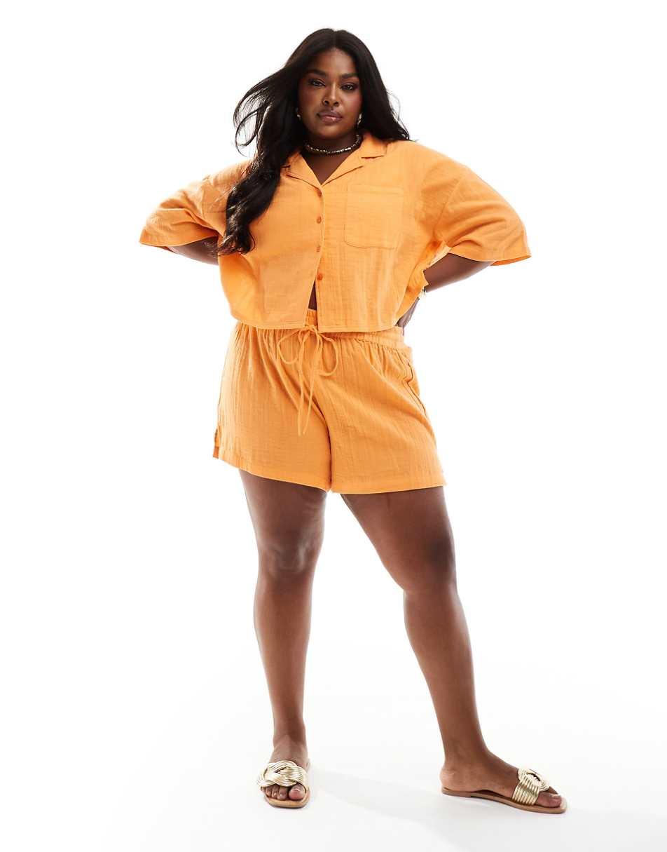 ASOS DESIGN Curve double gauze boxy beach shirt in orange - part of a set