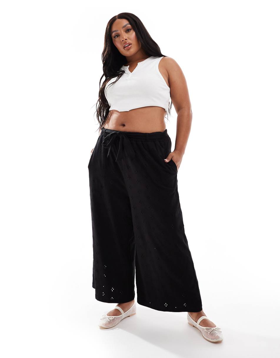 ASOS DESIGN Curve eyelet wide leg pants with tie belt in black