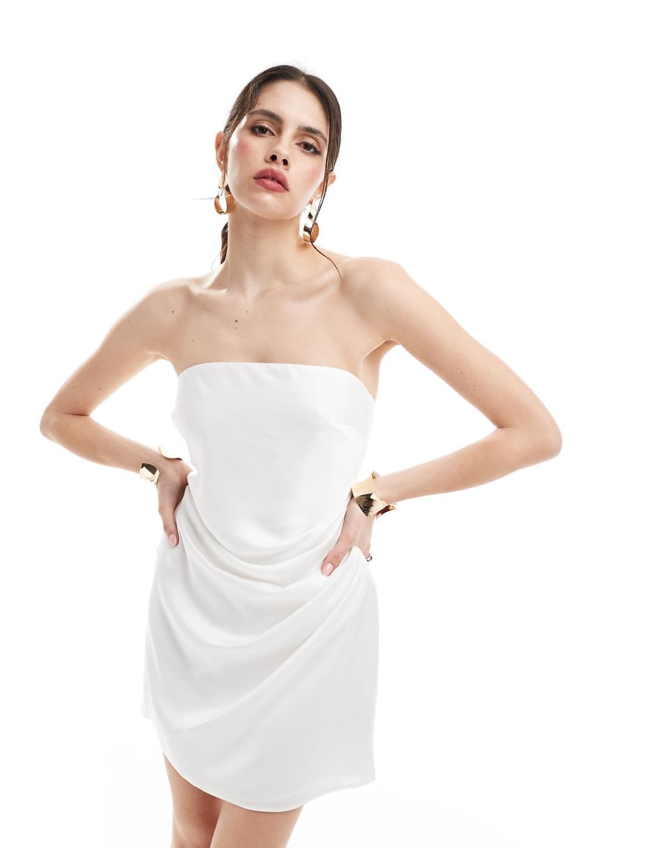 ASOS DESIGN bandeau gathered waist satin mini dress in white