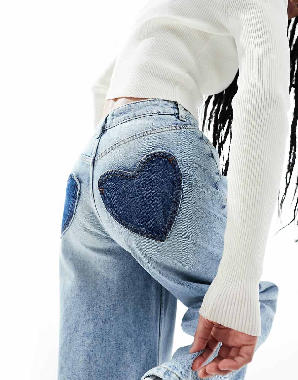 Miss Selfridge Petite baggy heart pocket jeans in acid wash