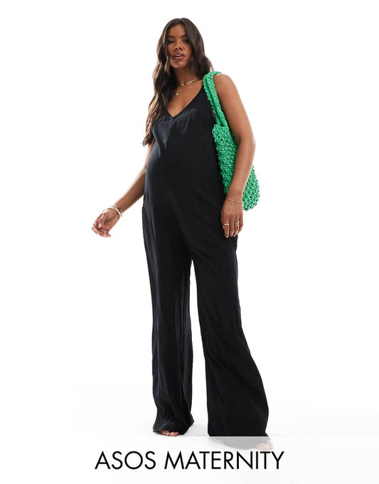 ASOS DESIGN Maternity beach jumpsuit with pocket detail in black