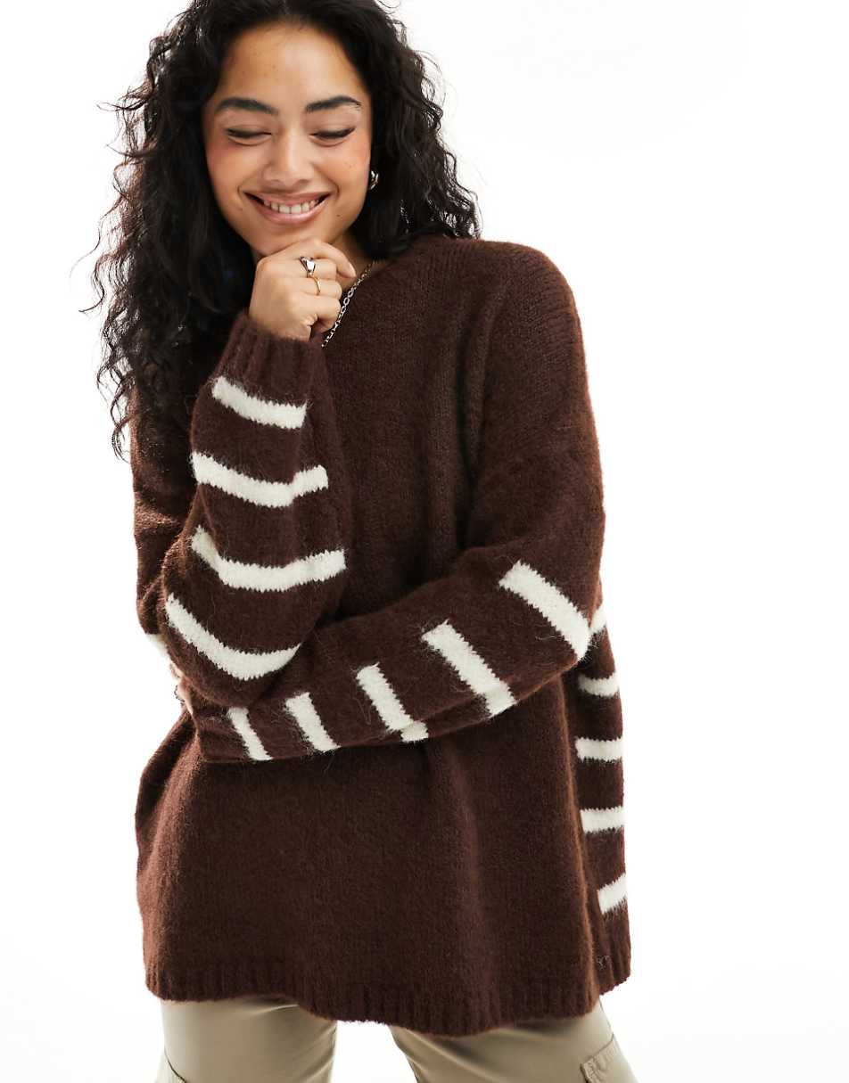 ASOS DESIGN crew neck sweater with striped back detail in brown and cream