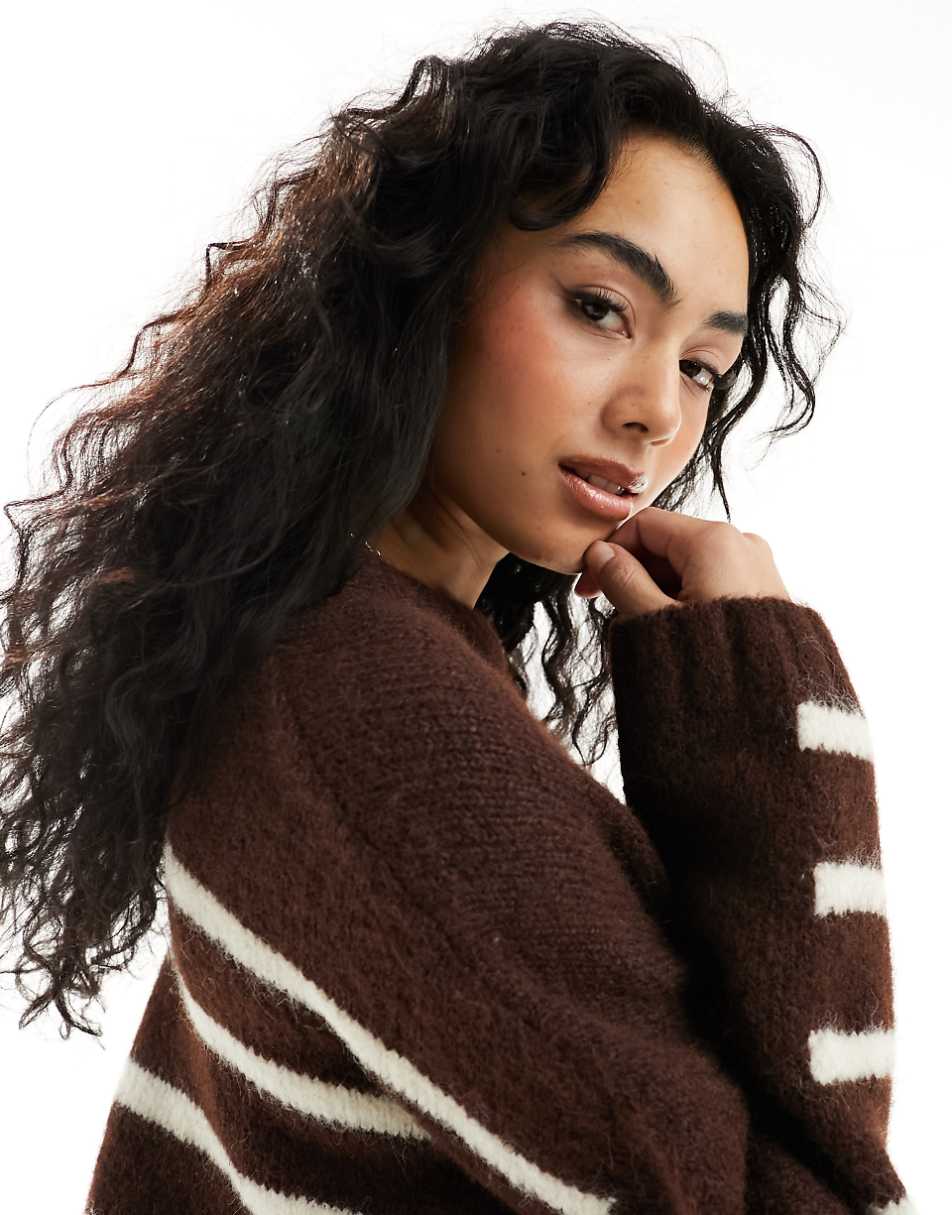 ASOS DESIGN crew neck sweater with striped back detail in brown and cream