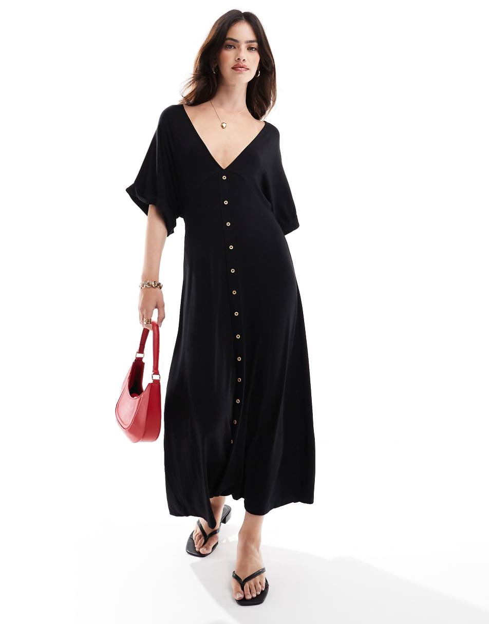 ASOS DESIGN roll sleeve button front midi tea dress in black