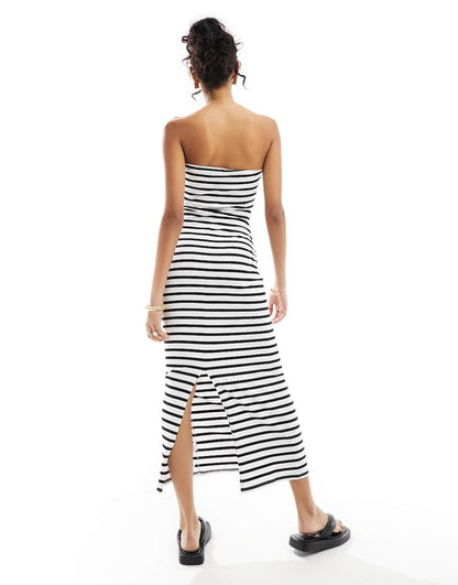 ASOS DESIGN twist bust bodycon bandeau midaxi dress in mono stripe