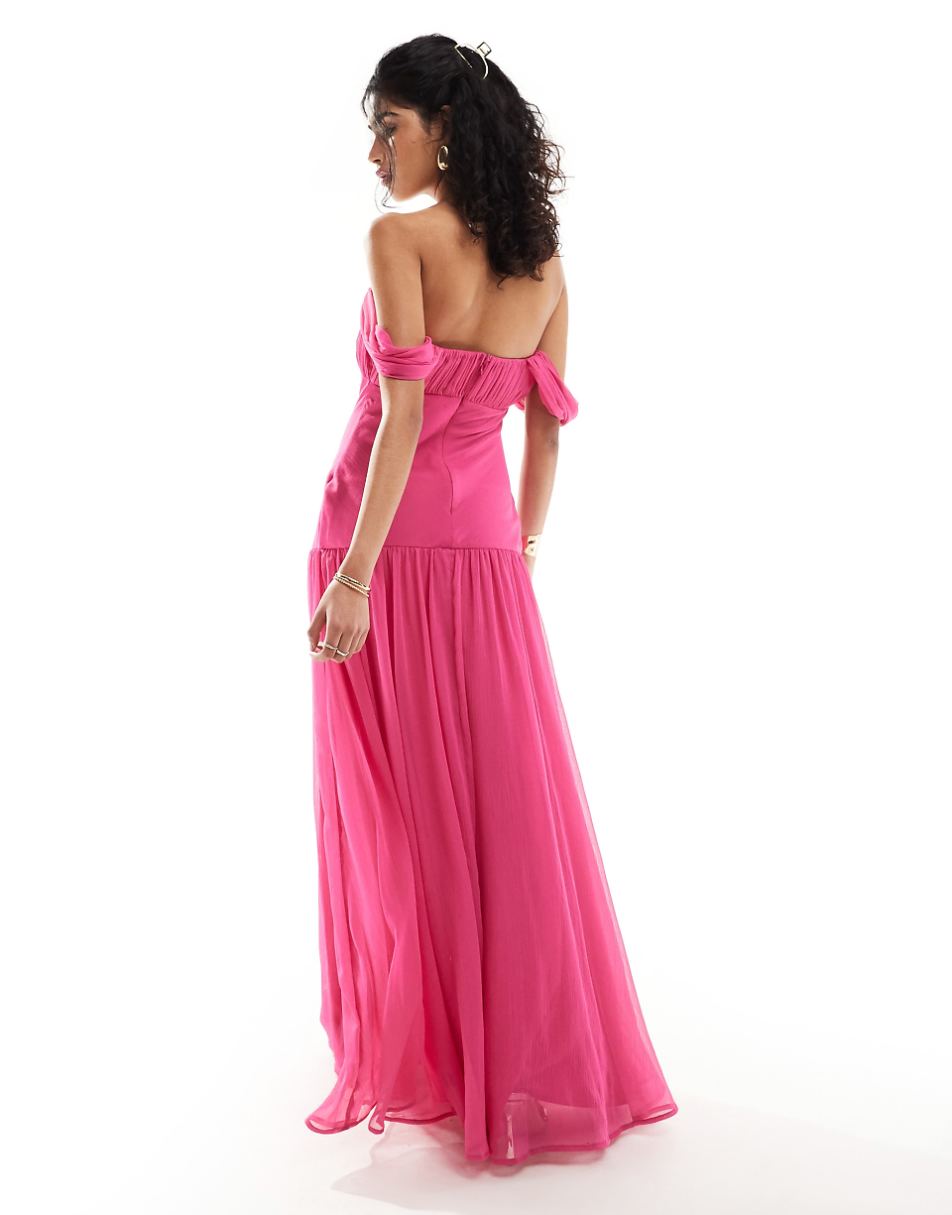 ASOS DESIGN drape off shoulder dropped waist maxi dress in fuchsia pink