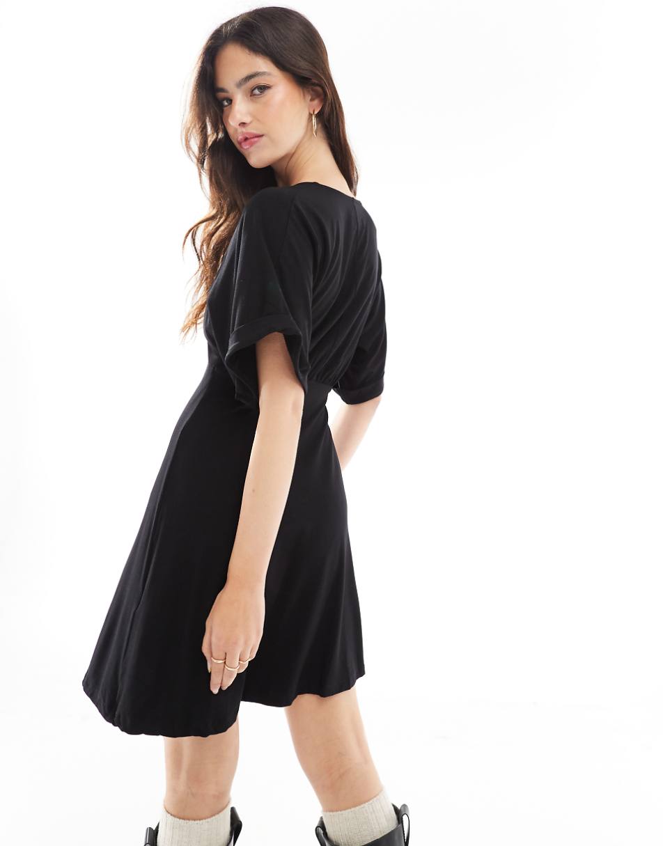 ASOS DESIGN cuffed sleeve button front midi tea dress in black