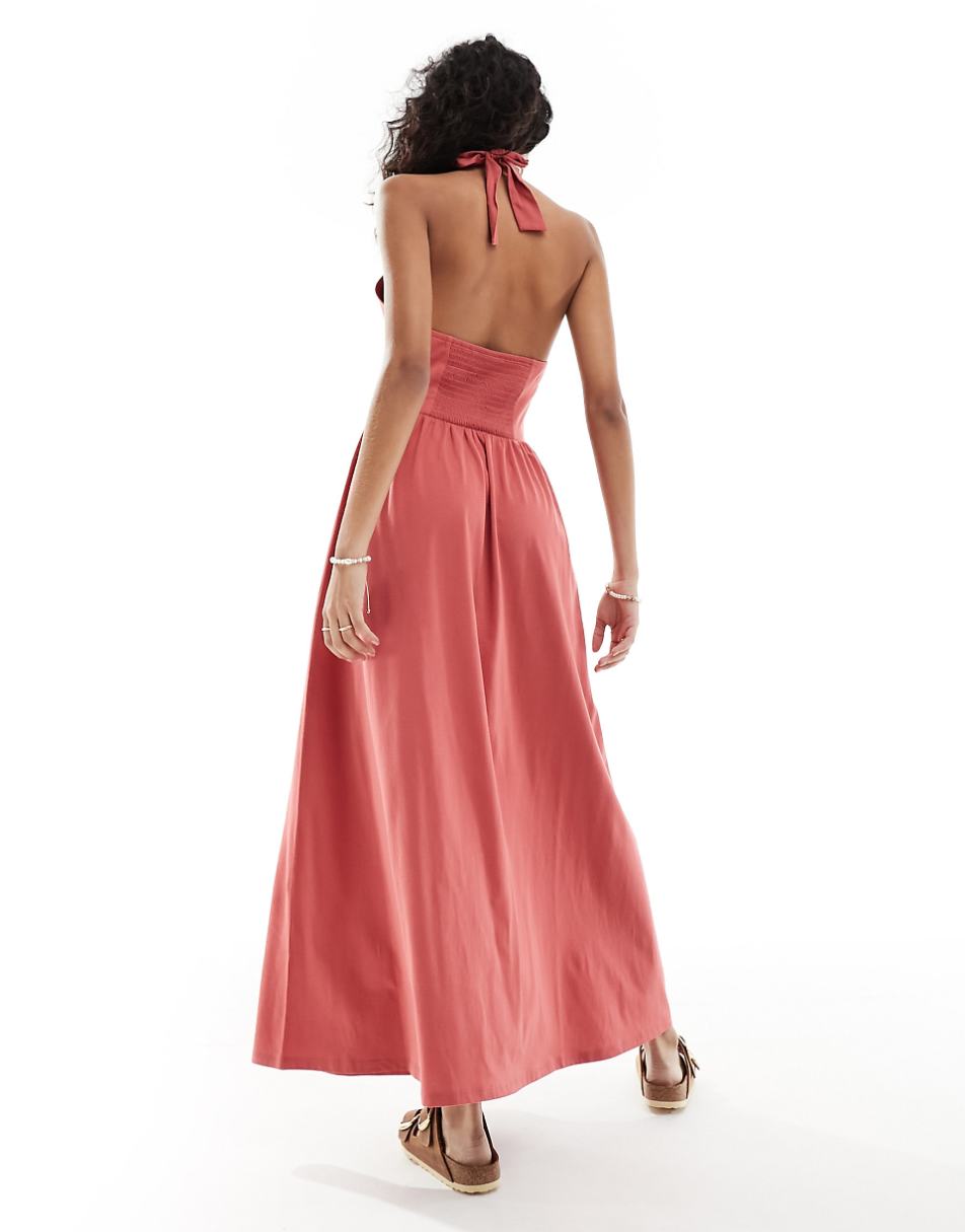 ASOS DESIGN halter neck low back maxi sundress in mineral red