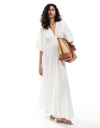 ASOS DESIGN plunge elastic tea maxi dress with ruched waist in cream