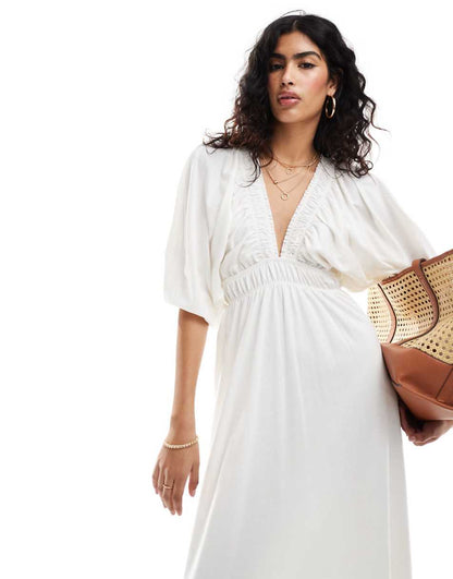 ASOS DESIGN plunge elastic tea maxi dress with ruched waist in cream