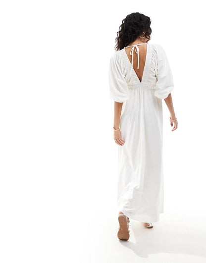 ASOS DESIGN plunge elastic tea maxi dress with ruched waist in cream
