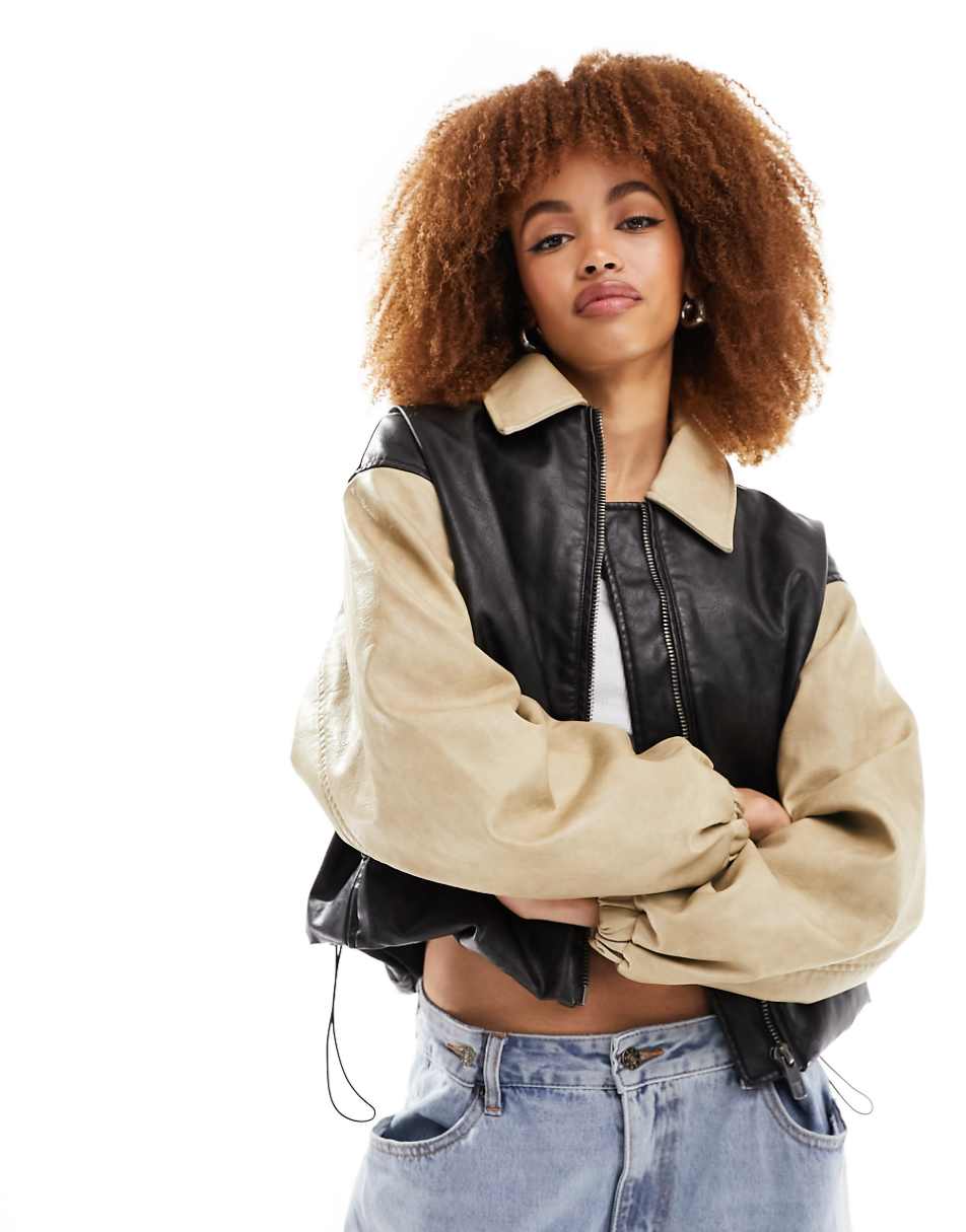 Lioness leather look contrast bomber jacket in black and camel